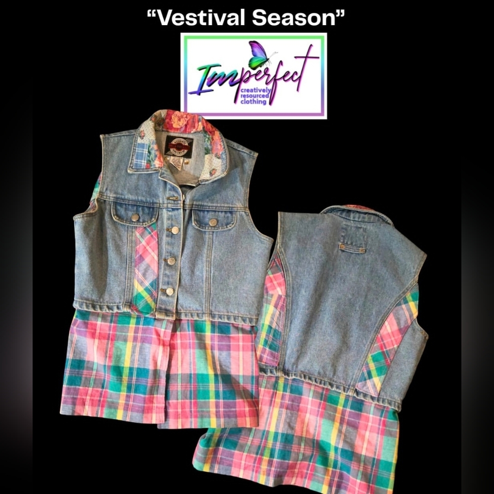Upcycled Colorful Denim Plaid Vest